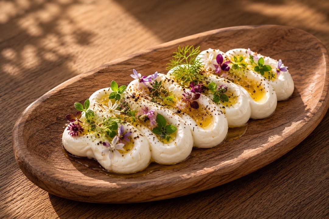 A plated burrata dish with flowers and olive oil.