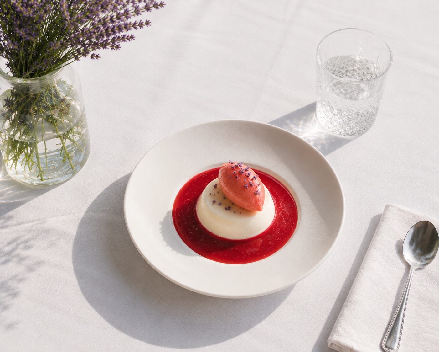 Cultured milk pannacotta with blood peach and lavender.