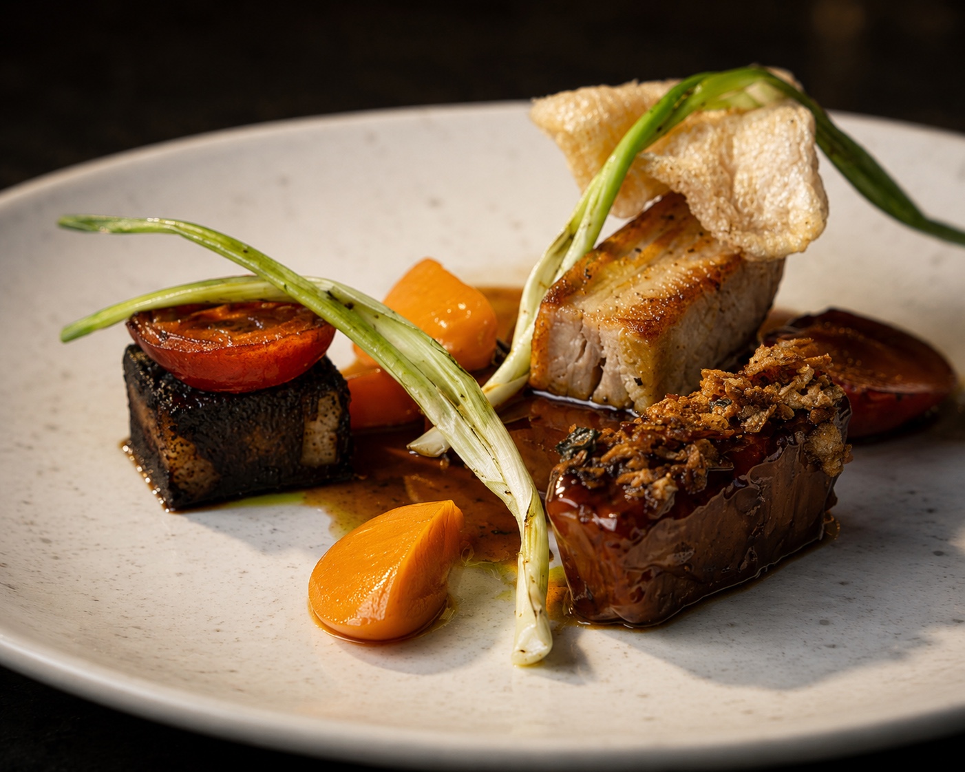 A composed pork dish with glazed vegetables and crisp skin.
