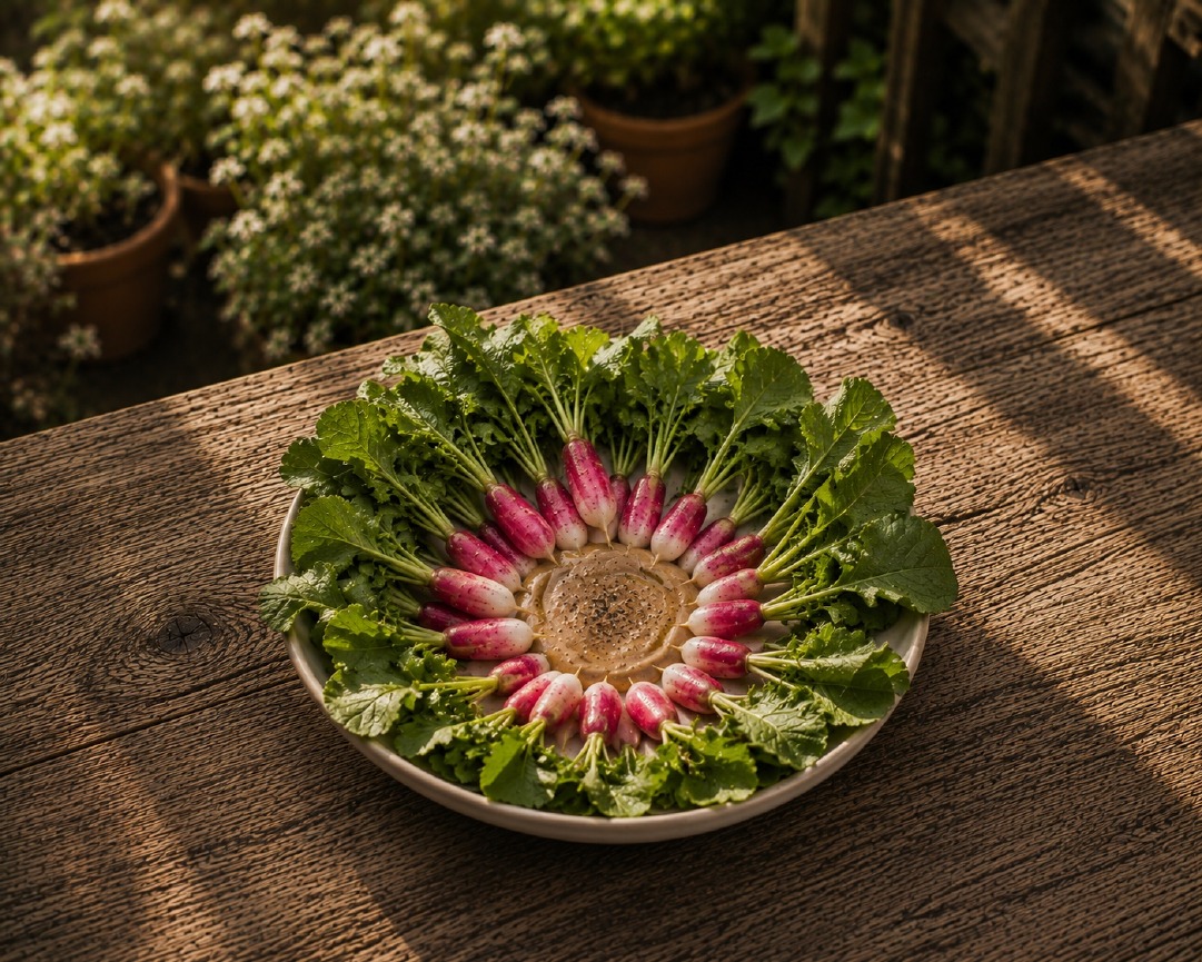 Radishes arranged around bagna cauda.