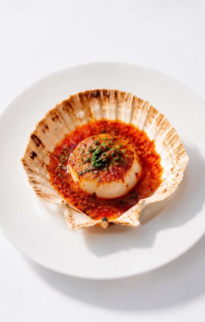 A scallop dish served at a wooden table.